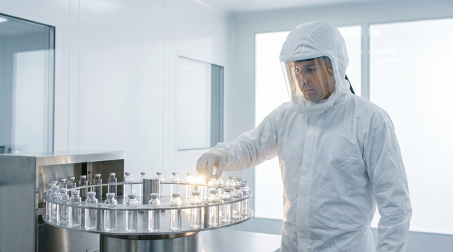 Cleanroom operator loading vials into a filling carousel, liquid vaccine serum catching light in each vial as the carousel spins, reflection 3