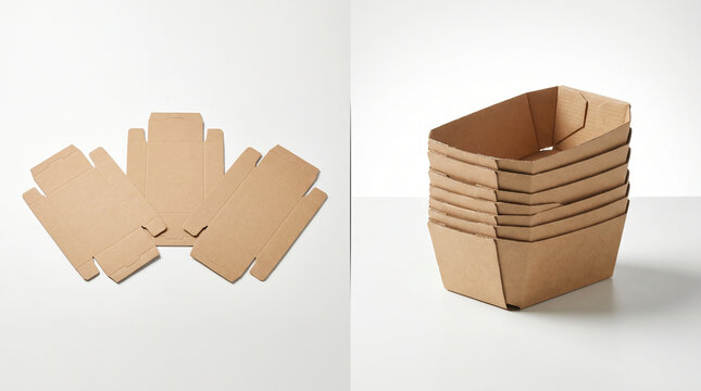 Before and after concept showing flat cardboard blanks on left and fully assembled biodegradable produce trays on right, both halves on a sp 3