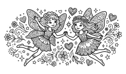 Flying fairy girls coloring book outline vector illustration for kids