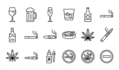 Minimal alcohol smoking and cannabis line icon set vector isolated on white background © Rimon