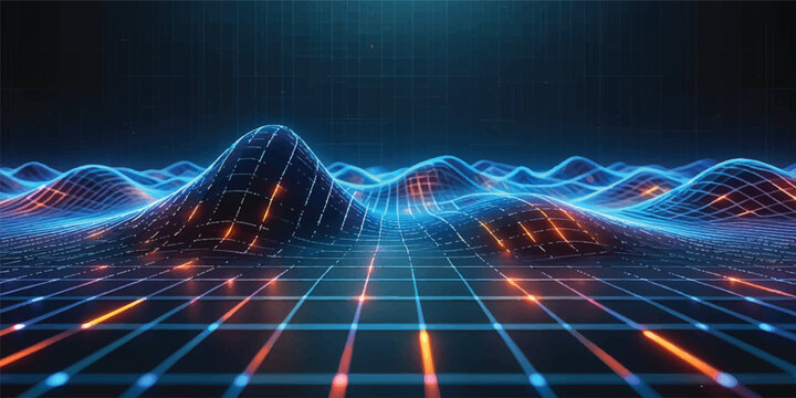 Abstract digital binary code technology background with fractal wave and cyberspace grid pattern wallpaper