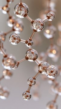 Tall composition of a central molecular structure made of interconnected clear spheres and detailed copper-toned rods, with varying depth