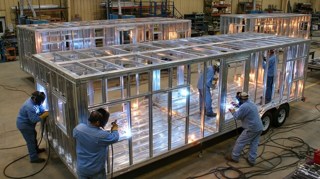 Medium angle capturing workers constructing utility trailers showcasing precision welding and structural framework in a bright organized fabrication area.
