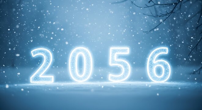 Glowing neon numbers 2056 standing in deep snow during a winter night with falling snowflakes