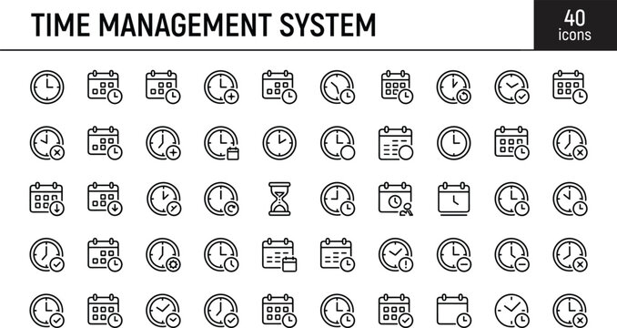Time Management System Outline Icon Set With Calendar Scheduling Clock Planning And Productivity Symbols Design