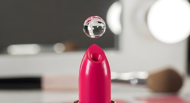 Pink Lipstick With Water Droplet Levitation