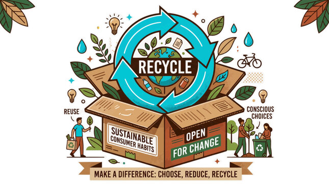Recycling concept illustration with earth and reuse symbols in a cardboard box