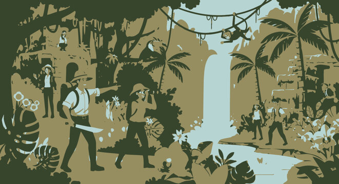 Jungle exploration scene adventurers in a lush environment with waterfalls