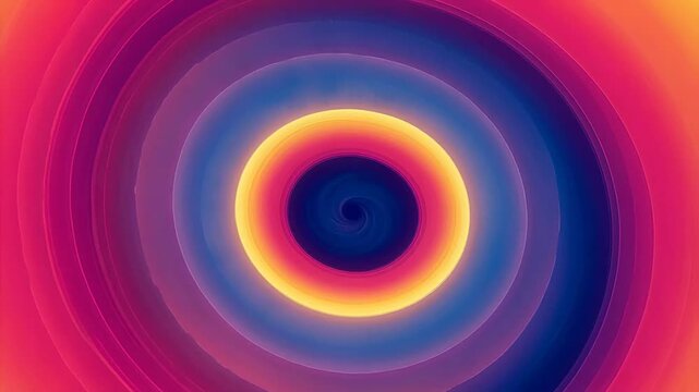 Motion background with colorful spinning circles. Abstract radial tunnel vortex with glowing sunset gradient. Digital ripple effect for modern internet visual art.