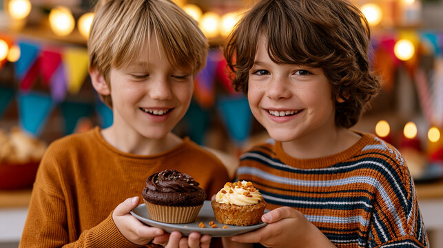 A boy refusing a birthday cupcake at a school party, kind classmate holding an allergy-safe snack alternative, both smiling, colorful festive background, warm indoor lighting, perfect for childhood 