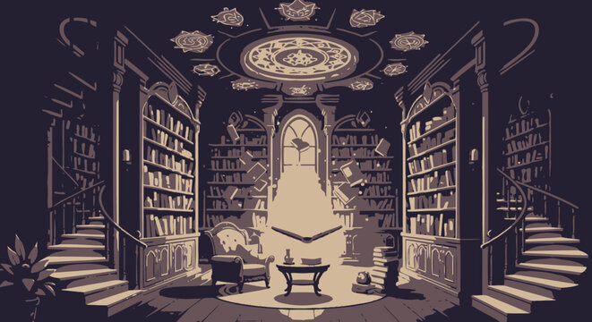Elegant library interior with arched windows and bookshelves illustration