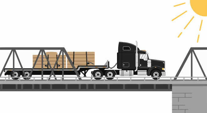 A black semi-truck hauls lumber across a bridge under a bright sun