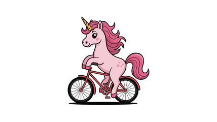 Pink cartoon unicorn riding a bicycle with rainbow mane and tail © Creativedesign29