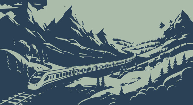 High speed train travels through mountainous landscape with dramatic sky