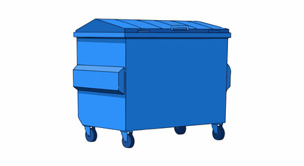 A blue, wheeled dumpster with a hinged lid and side handles