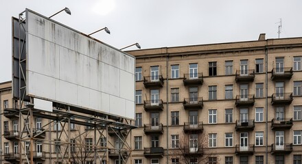 Fototapeta premium Blank billboard hoarding overlooks an aged urban apartment block under an overcast sky featuring a gritty aesthetic for brand marketing campaigns