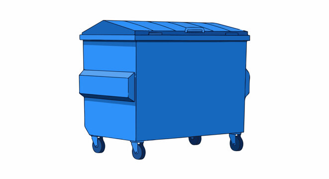A blue, wheeled dumpster with a hinged lid and side handles