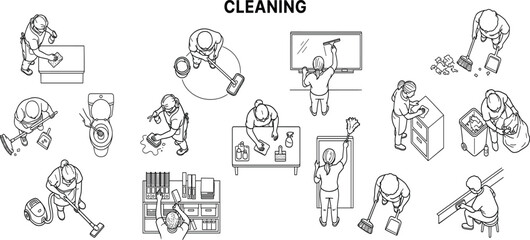 Obraz premium People are cleaning and organizing various objects in a large room with technology.