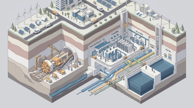 Cross section of underground tunnel boring machine construction and infrastructure.