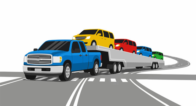 A blue truck transports several colorful vehicles on a trailer down a road