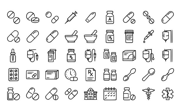 Simple Drugs Line Icon Set Featuring Medication Syringe Antibiotics and Pharmaceutical Symbols