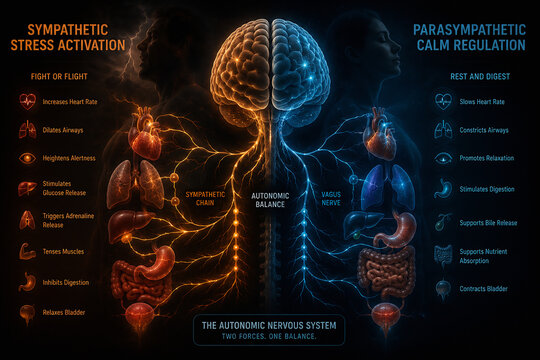 An infographic illustrates the sympathetic stress activation and parasympathetic calm regulation functions of the autonomic nervous system.