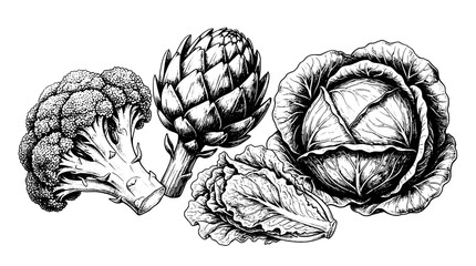 Fototapeta premium Vegetables illustration set with broccoli, artichoke, cabbage, and lettuce featuring healthy, food, drawing with black and white and line art