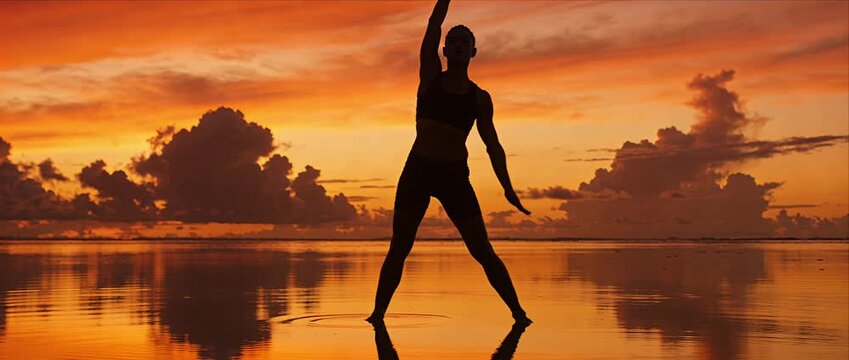Silhouette woman female adult fitness dance pose stretching exercise at sunset beach with reflection in ocean water under serene summer sky horizon calm balance healthy outdoor yoga tranquil scene