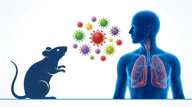 Conceptual illustration of a mouse and a human silhouette with lungs and virus particles, representing zoonotic disease transmission and respiratory infection research
