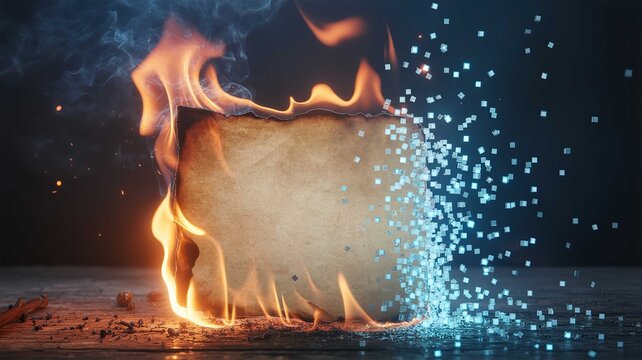 A vintage paper sheet burning with bright orange flames while transforming into glowing blue digital data cubes in this photo