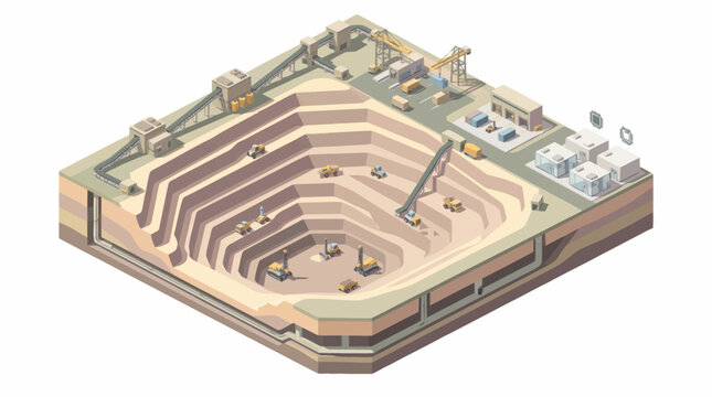 Open pit mine with heavy machinery and excavation process illustration.