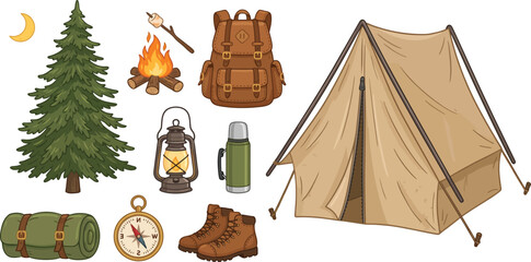 Camping and outdoor adventure vector element set with tent backpack pine tree campfire isolated on white background flat illustration © VactorZone