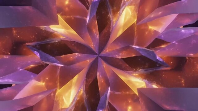 Glowing abstract crystal star shape with purple and orange facets on dark background