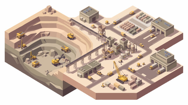 Isometric view of an open pit mine and processing plant with heavy machinery.