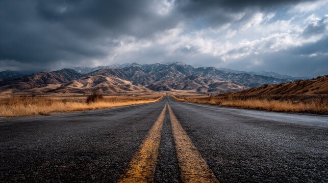 Road leading to mountains under a dramatic cloudy sky in natural landscape