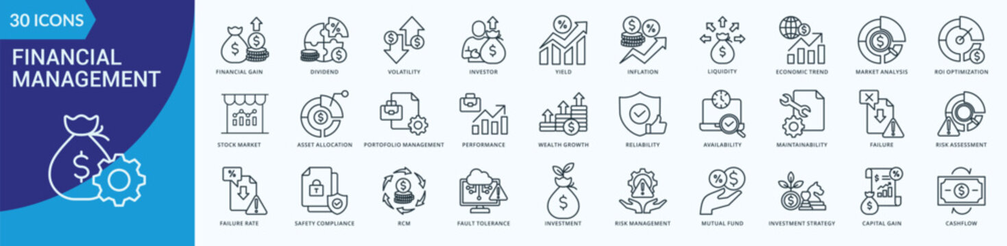 Financial Management Icon Set Illustration Vector Outline Style with financial gain, dividend, volatility, investor, yield, inflation, liquidity, economic trend