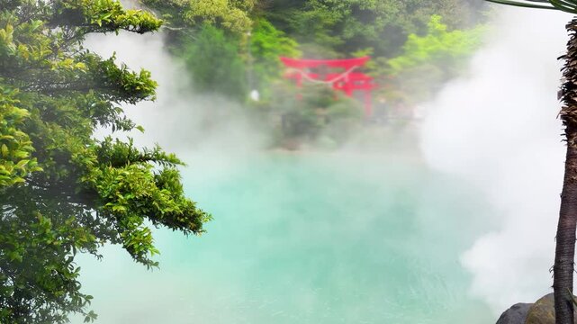Steaming turquoise thermal hot spring Umi Jigoku in Beppu Japan surrounded by lush green trees. Red shinto torii gate stands on the edge of the steaming volcanic pond. 