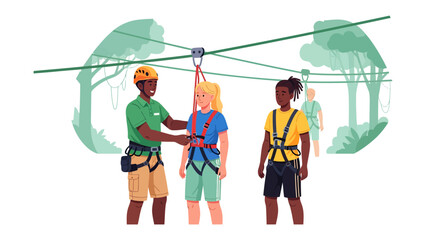 Zip Lining Adventure Safety Check: An instructor assists a young girl with her safety harness before her zip lining adventure, with another child in the background ready for their turn. © mstmahmuda