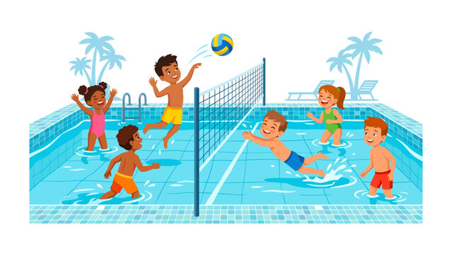 Children's Pool Party Volleyball Fun: A vibrant illustration captures a group of diverse children joyfully playing volleyball in a bright blue swimming pool.