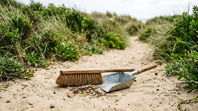 Natural fiber brush and metal dustpan resting on sandy ground with vegetation in background, outdoor cleaning tools