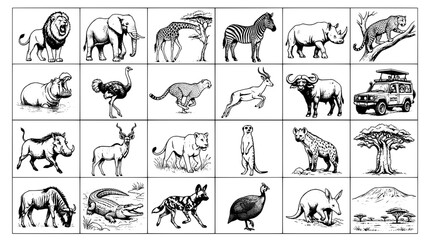 Fototapeta premium Zebra lion elephant dog cat rabbit and more sketch icons arranged in a grid for wildlife education and design