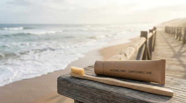 Sustainable bamboo toothbrush and natural mint toothpaste resting on wooden surface by the ocean