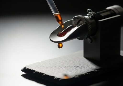 Closeup of a laboratory refractometer testing a sample of amber liquid