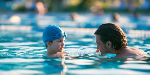 Obraz premium Child swimming in a pool with father nearby, representing summer vacation, family leisure, water safety and outdoor recreation