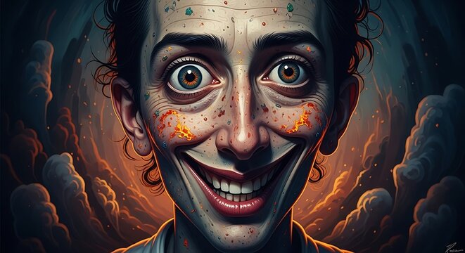 Manic smiling face with wide eyes and glowing spots in dark background
