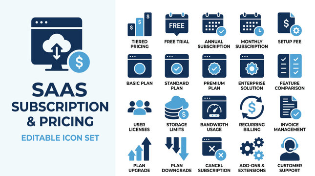 SaaS subscription and pricing icon set, professional business software billing symbols, 20 blue flat vector icons for web and app design