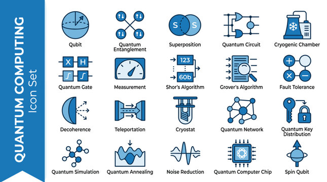 Quantum computing icon set with 20 blue line vector elements, futuristic technology symbols for qubit and quantum circuit, scientific research graphics