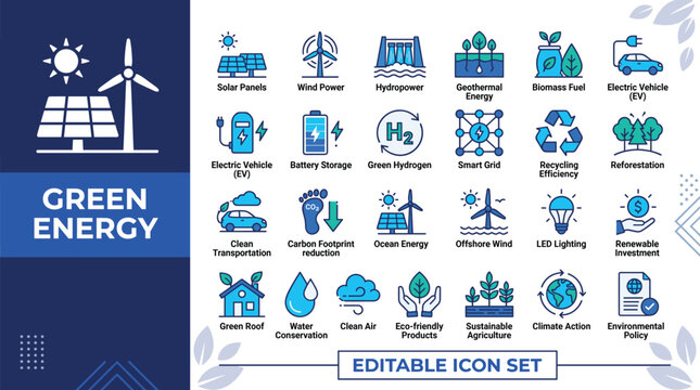 Green energy icon set with 24 renewable power symbols, sustainable ecology vector illustrations, blue and teal environmental conservation graphics