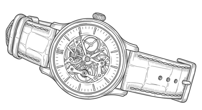 Vintage Mechanical Skeleton Wristwatch Line Art Illustration