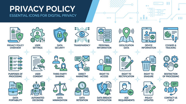 Privacy policy icon set for digital data protection, 24 essential cybersecurity and GDPR compliance line icons, blue and green flat vector graphics